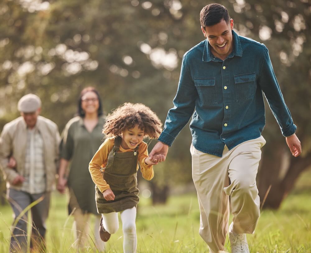 Family with grandparents on a walk 